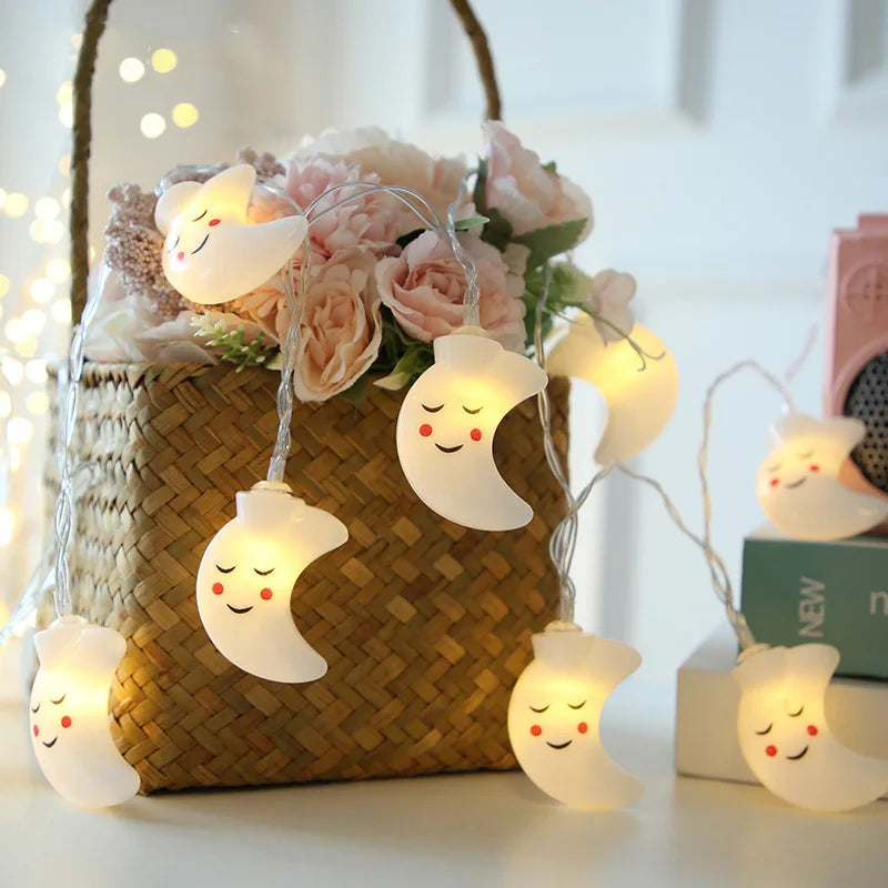 1.5M 10LED Smiling Face Moon String Lights Christmas Fairy Garlands Outdoor Battery Flash For Holiday Xmas Party Garden Decor
