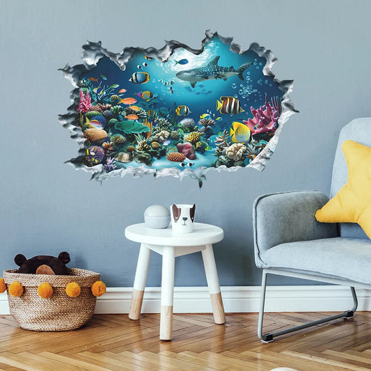 Broken Wall 3D Underwater World Shark Wall Sticker for Kids Room Living Room Porch Home Decoration Self-adhesive Art Decals